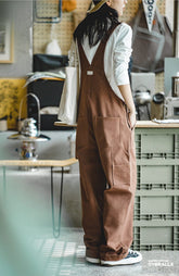 Madden women's American retro cotton loose straight workwear strappy pants autumn and winter curry function wide leg jumpsuit